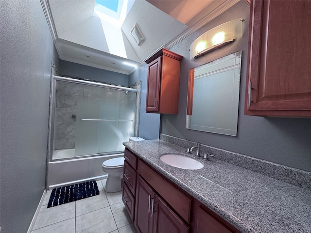 full bathroom with combined bath / shower with glass door, toilet, tile patterned flooring, vanity, and ornamental molding