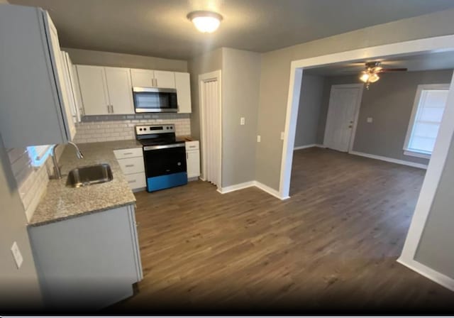 kitchen with ceiling fan, sink, stainless steel appliances, and dark hardwood / wood-style flooring