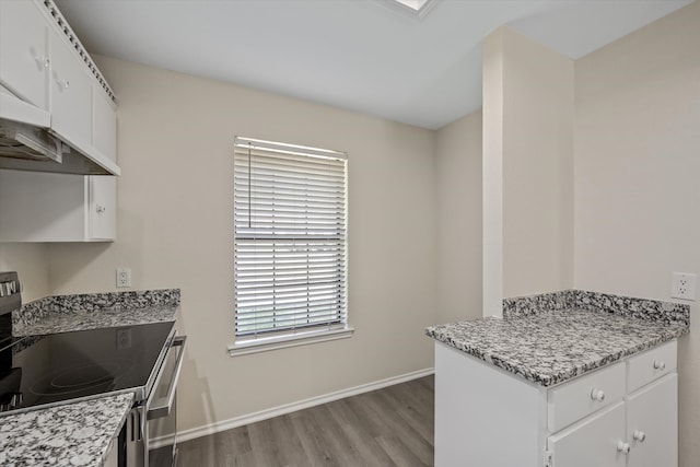 kitchen featuring light hardwood / wood-style floors, high end stainless steel range oven, and white cabinetry