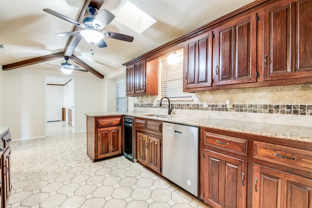 kitchen with ceiling fan, dishwashing machine, wine cooler, light tile patterned floors, and sink