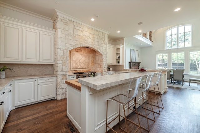 kitchen featuring backsplash, a center island, and dark hardwood / wood-style flooring