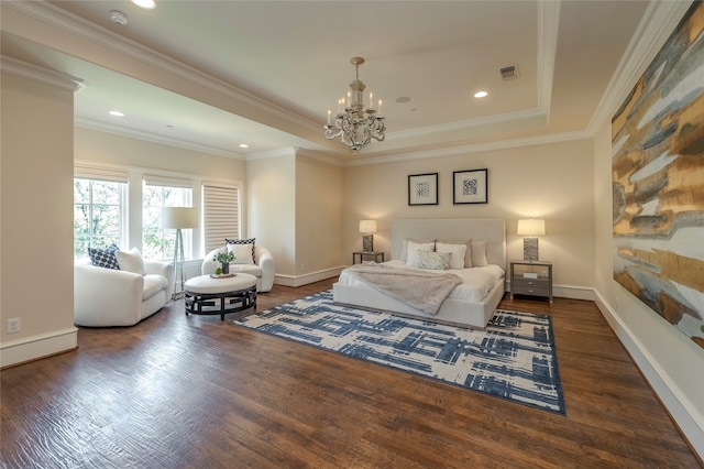 bedroom with a raised ceiling, crown molding, dark wood-type flooring, and a chandelier