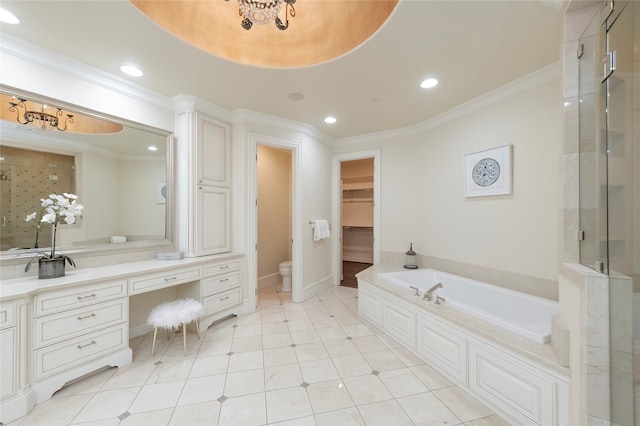 full bathroom with tile patterned floors, toilet, independent shower and bath, and vanity