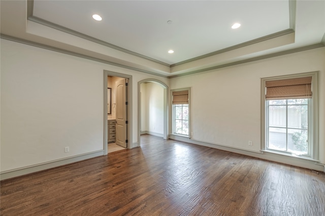 empty room with a wealth of natural light, hardwood / wood-style flooring, crown molding, and a raised ceiling