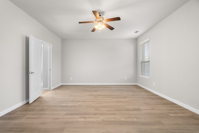 spare room featuring light hardwood / wood-style floors and ceiling fan