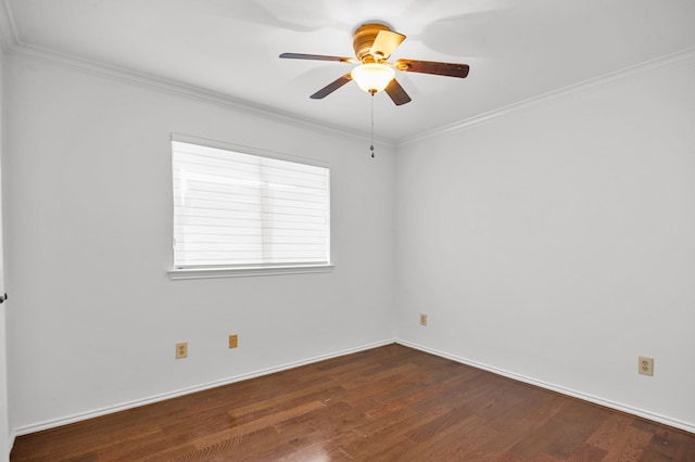 unfurnished room featuring ornamental molding, ceiling fan, and dark hardwood / wood-style flooring