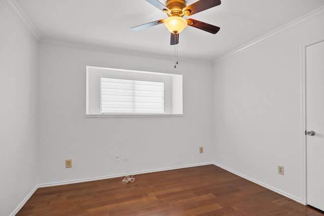 unfurnished room featuring crown molding, dark hardwood / wood-style flooring, and ceiling fan