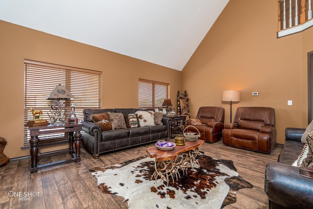 living room featuring high vaulted ceiling, wood-type flooring, and a wealth of natural light