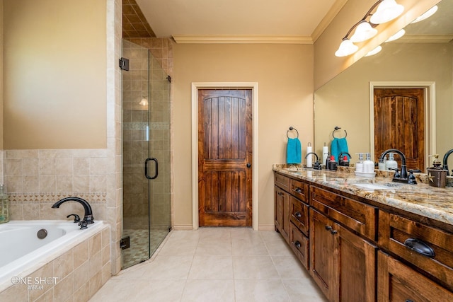 bathroom featuring tile patterned floors, separate shower and tub, vanity, and ornamental molding