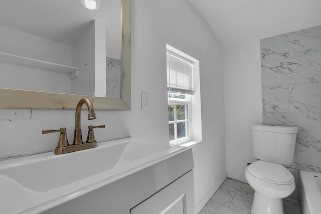 bathroom with vanity, lofted ceiling, and toilet