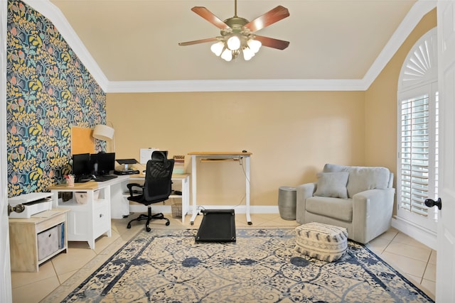 tiled office space featuring ceiling fan and crown molding