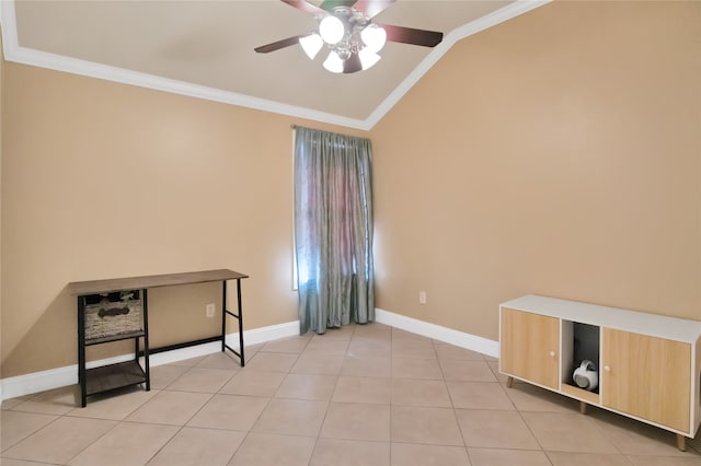 unfurnished room with ceiling fan, ornamental molding, light tile patterned floors, and lofted ceiling