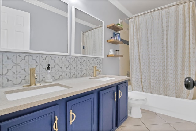 full bathroom with backsplash, shower / tub combo with curtain, vanity, tile patterned floors, and toilet