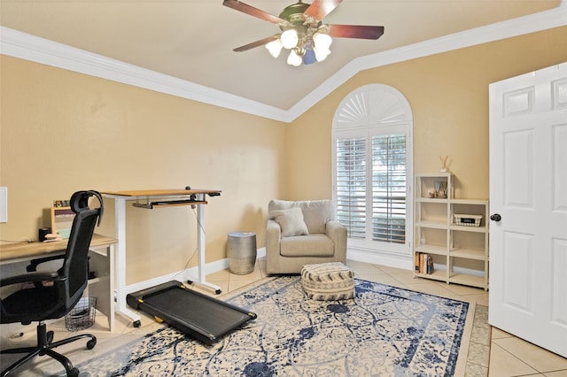 tiled office featuring ceiling fan, crown molding, and lofted ceiling