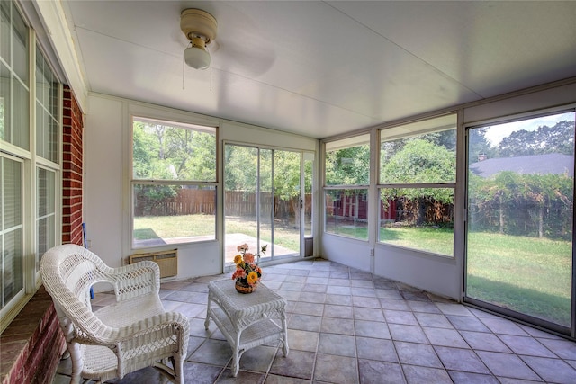 sunroom / solarium featuring a ceiling fan