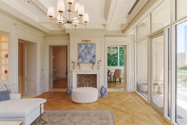 2025 Woodall Rodgers Fwy Unit 52, Dallas, TX 75201 - living room with a chandelier, a decorative wall, a healthy amount of sunlight, and crown molding