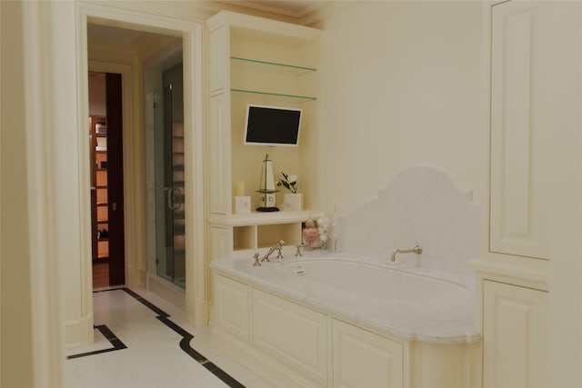 bathroom featuring shower with separate bathtub, ornamental molding, and tile patterned floors