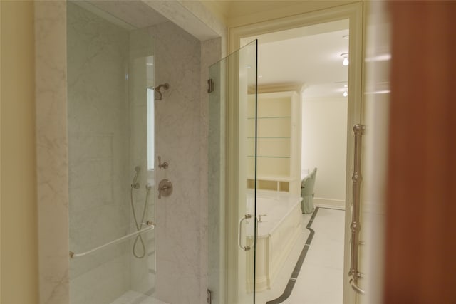 bathroom with tile patterned flooring and plus walk in shower