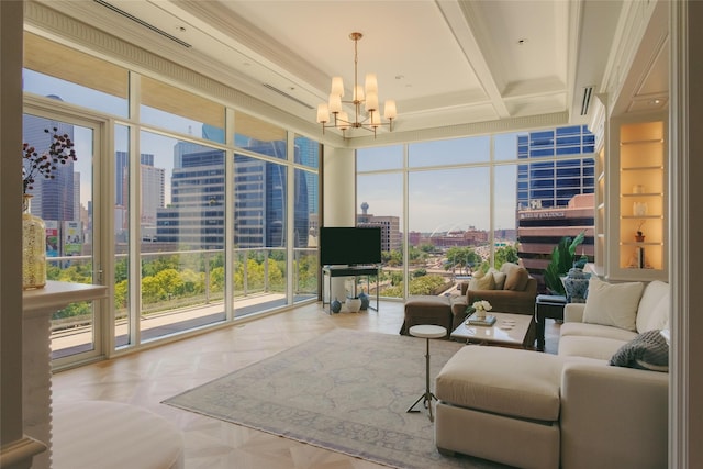 2025 Woodall Rodgers Fwy Unit 52, Dallas, TX 75201 - living area with beamed ceiling, a chandelier, and floor to ceiling windows