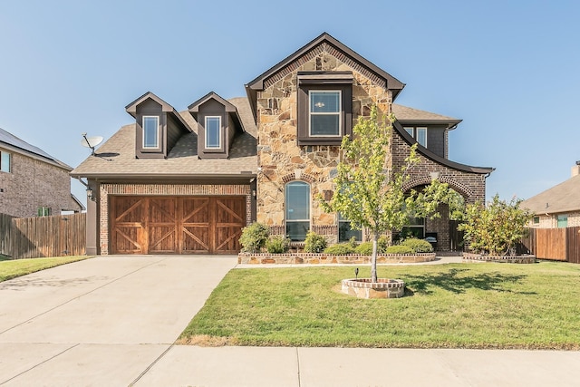 view of front of property with a garage and a front lawn