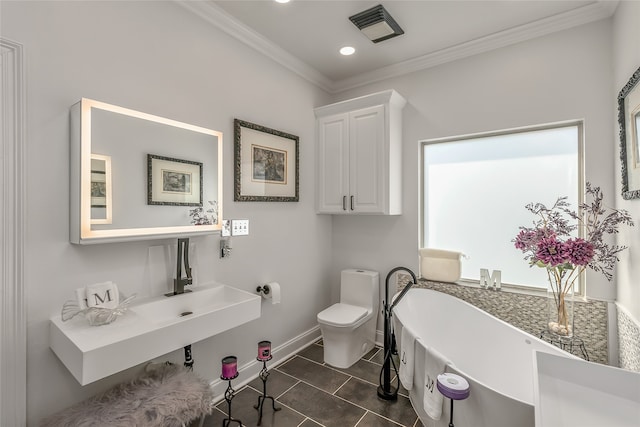 bathroom with tile patterned floors, ornamental molding, and toilet