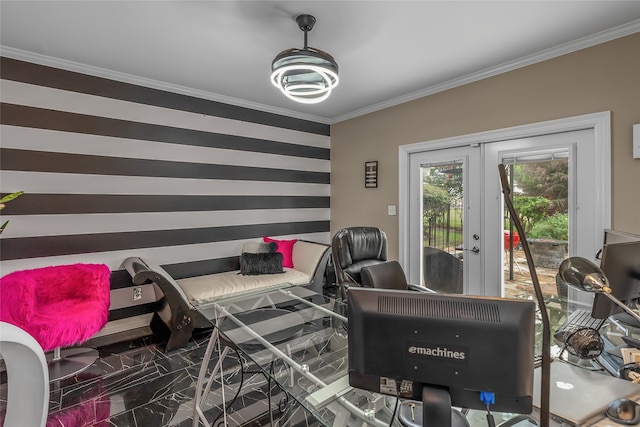 office area featuring crown molding and french doors