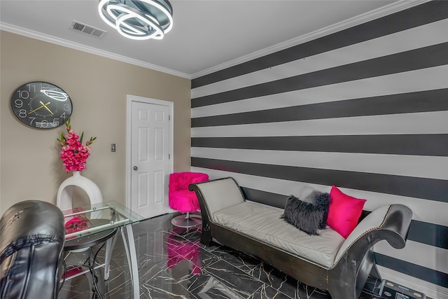 sitting room featuring ornamental molding and tile patterned floors