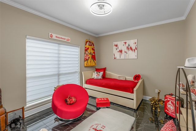 tiled bedroom with crown molding