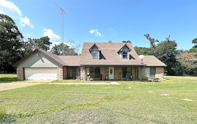 cape cod home with a porch, a garage, and a front lawn