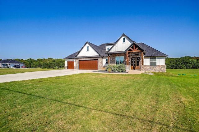 craftsman-style house with a garage and a front lawn