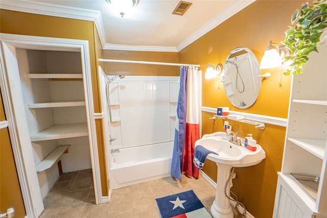 bathroom featuring tile patterned flooring, shower / tub combo with curtain, and ornamental molding