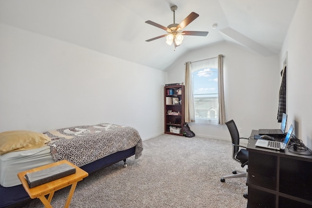 carpeted bedroom featuring ceiling fan and vaulted ceiling