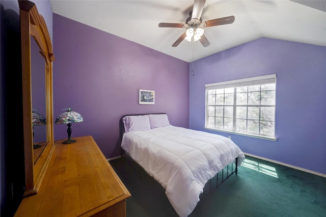 carpeted bedroom featuring ceiling fan and lofted ceiling