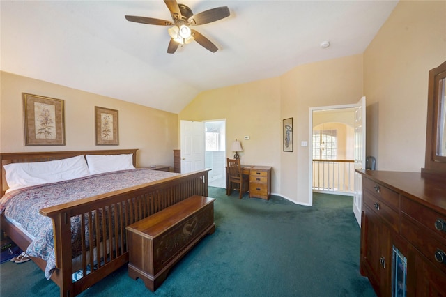 carpeted bedroom featuring lofted ceiling and ceiling fan