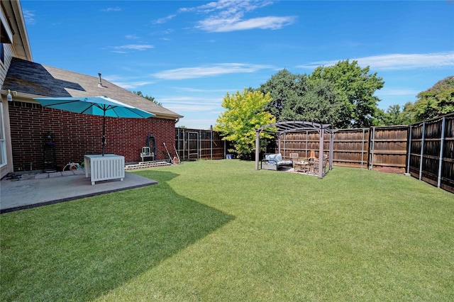 view of yard with central air condition unit, a patio, and a pergola