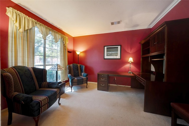 interior space with ornamental molding and light carpet