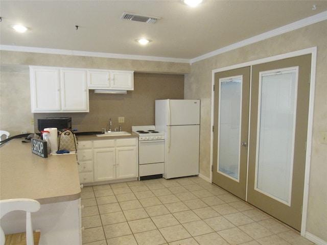 kitchen featuring white appliances, visible vents, french doors, white cabinetry, and a sink