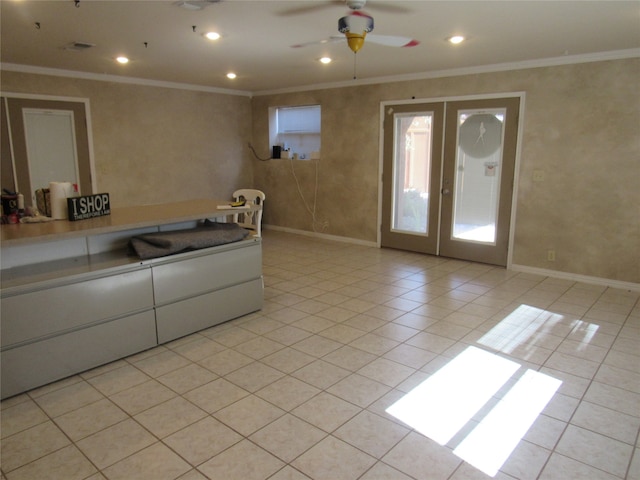 unfurnished living room featuring crown molding, french doors, light tile patterned floors, and ceiling fan