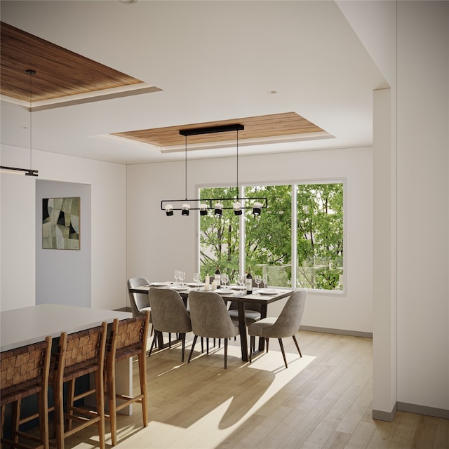 dining area featuring light hardwood / wood-style flooring and a tray ceiling