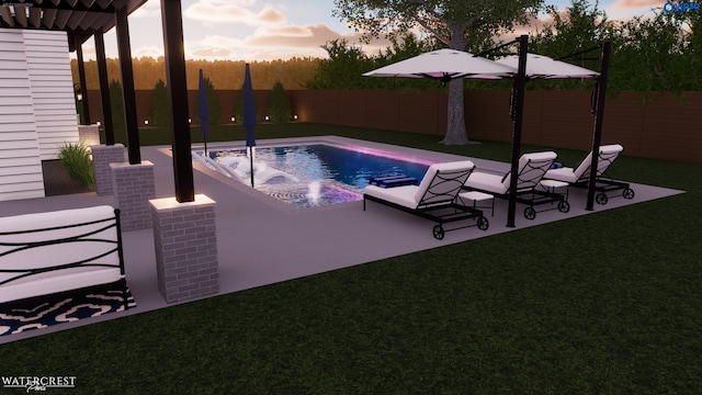 pool at dusk featuring a patio and a yard