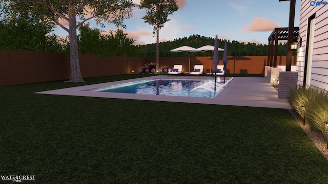 pool at dusk featuring a patio and a lawn