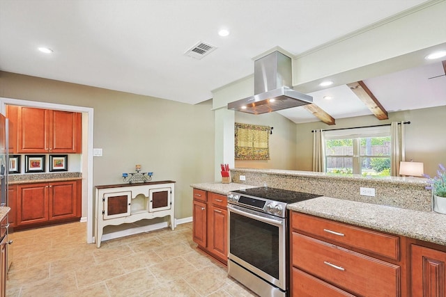 kitchen featuring beam ceiling, light stone countertops, electric range, and island range hood