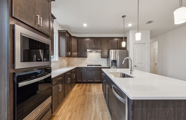 kitchen featuring decorative backsplash, light wood-type flooring, an island with sink, appliances with stainless steel finishes, and sink