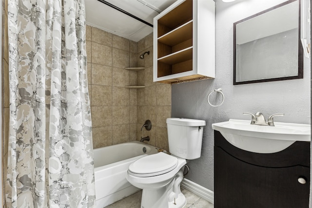 full bathroom featuring tile patterned floors, toilet, shower / tub combo with curtain, and vanity