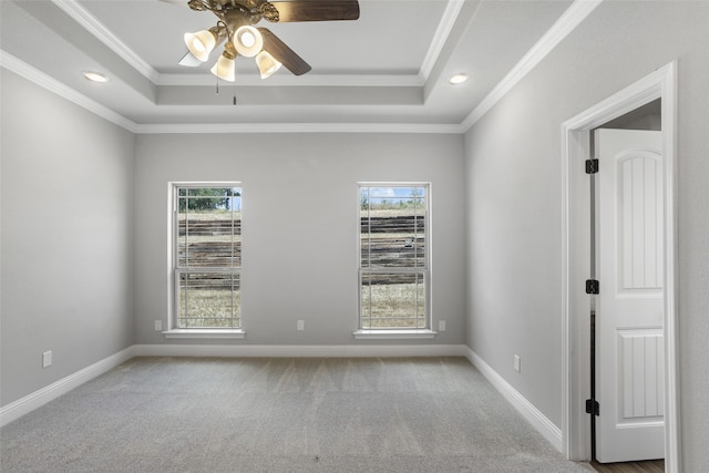 empty room featuring ceiling fan, a raised ceiling, crown molding, and carpet floors