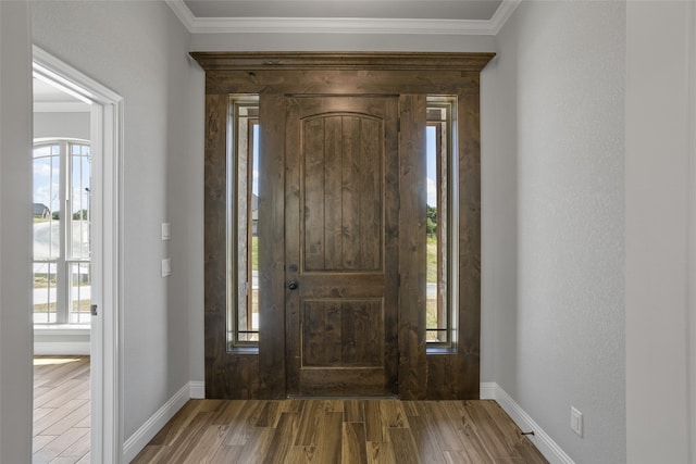 foyer featuring ornamental molding, plenty of natural light, and hardwood / wood-style flooring