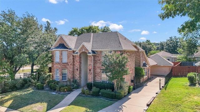 traditional-style house featuring brick siding, a front yard, fence, and a shingled roof