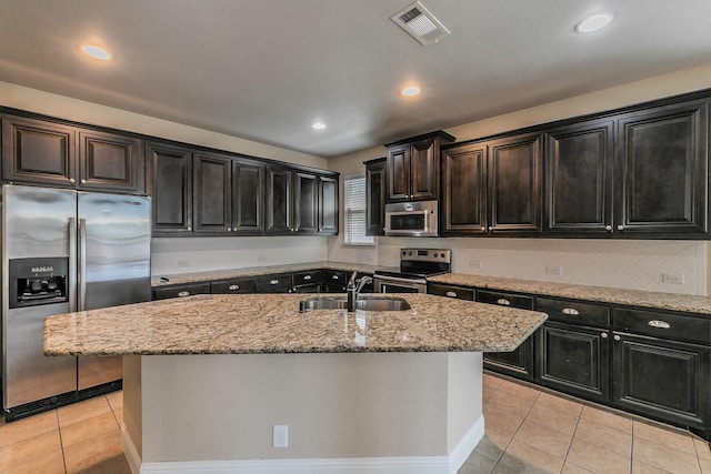 kitchen featuring a kitchen island with sink, sink, and appliances with stainless steel finishes