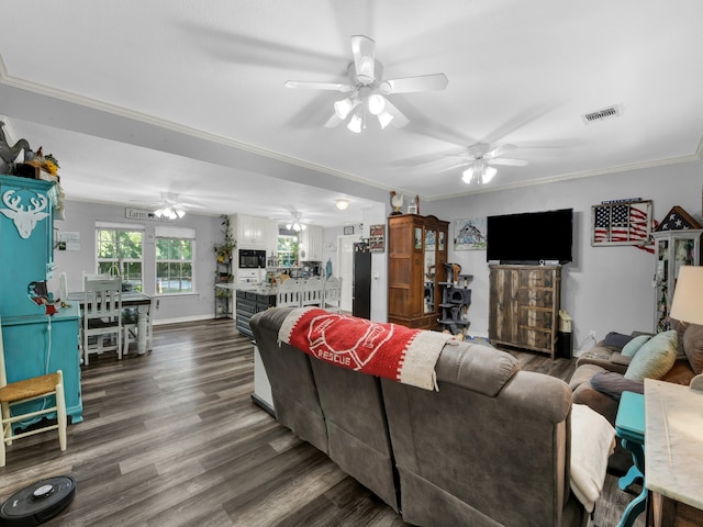 living room featuring ceiling fan, hardwood / wood-style flooring, and crown molding