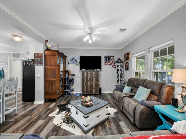 living room featuring ceiling fan, dark wood-type flooring, and crown molding